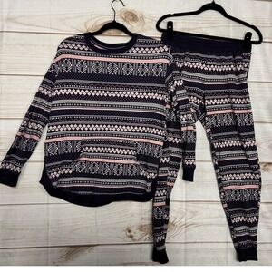 Cuddl Duds Womens Navy Pink Fair Isle Pajama Set Fleece Lounge S-M Long Sleeve